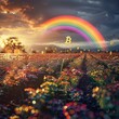 A radiant rainbow arcs over a field of bitcoins, representing hope and prosperity in the volatile world of digital currency