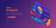© thebeststocker - Isometric concept of data analysis. Digital financial reporting, seo, marketing. Landing page template. Business management, development. Isometric computer with graph, chart and statistic
