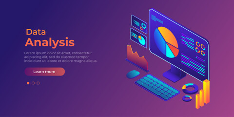 Isometric concept of data analysis. Digital financial reporting, seo, marketing. Landing page template. Business management, development. Isometric computer with graph, chart and statistic