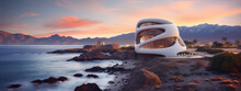 Futuristic house on rocky coast at sunset 3d render