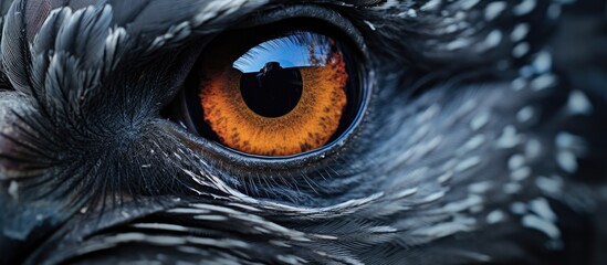 Poster - A closeup of a birds eye reveals bright orange eyelashes and electric blue iris. The intricate details showcase the beauty of wildlife science and the mysterious darkness within the eye