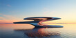 Futuristic architecture on water at sunset in blue and orange colors 3D rendering.