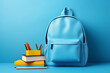 Children's backpacks and books. AI technology generated image