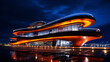 Futuristic architecture with orange glowing elements against a dark blue night sky