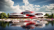 Futuristic lakeside entertainment complex with white and red fluid architecture