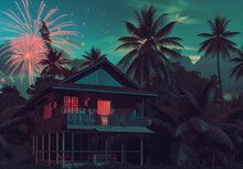 Illustration of a fireworks in a village, Malaysia, Indonesia, Asia, Hari Raya, Ramadan, Eid celebration at night, wooden house with palm tree