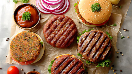 Variety of plant based burger patty made from vegetarian meat organic healthy food