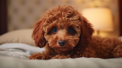 Adorable young brown poodle on the bed. Puppy is looking at the camera. Reddish poodle puppy.