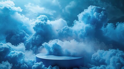 Canvas Print - Blue background with a product podium surrounded by blue clouds. Smoke, fog, steam background