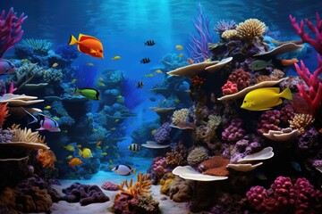 Wall Mural - Coral Reef and Tropical Fish in Sunlight. Singapore aquarium