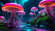 a group of pink mushrooms like jellyfish floating on top body of water in front black background with blue lights.