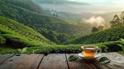 Warm cup of tea and organic green tea leaf on wooden table with the tea plantations background.