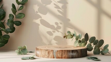 Canvas Print - Minimal modern product display on neutral beige background. Wood slice podium and green leaves