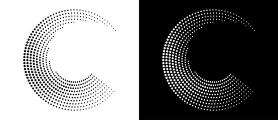 Fototapete - Modern abstract background. Halftone dots in circle form. Letter C like logo, icon or design element. Black dots on a white background and white dots on the black side.