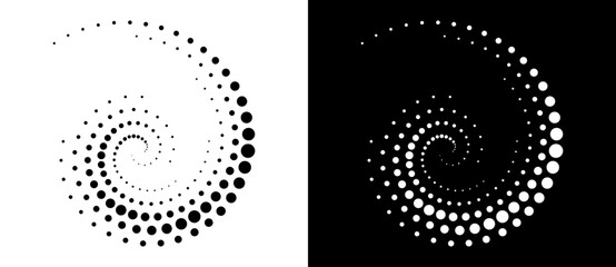 Wall Mural - Modern abstract background. Halftone dots in spiral. Round logo, design element or icon. A black figure on a white background and an equally white figure on the black side.