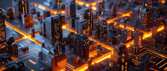 Wall Mural - Building smart city structure with neon line on circuit board