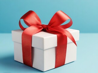 Poster - White Gift Box with Red Ribbon Isolated on Blue Background. 3D Rendering Illustration Design Closeup.