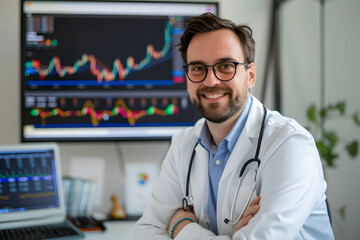 Wall Mural - Portrait of confident doctor and background is monitor screen stock chart or financial data or company information in white room, investing in healthcare stocks concept