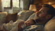 A father gently cradling a baby in a cozy living room setting radiating love and care in every detail The backdrop background features warm