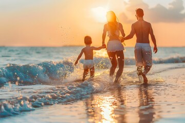 A family walks along the beach in the evening, a picture showing the love and warmth of a family.