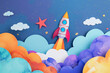 a rocket playfully dancing amongst billowing clouds Experiment with vibrant colors and bring the rocket and clouds to life The backdrop should highlight the whimsical nature of the scene
