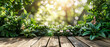 Spring Freshness in Garden, Green Bokeh on Wooden Table, Light and Airy Nature Background for Product Display