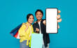 A smiling man and woman, carrying colorful shopping bags, cheerfully present a smartphone with a blank screen