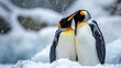 King penguin mating couple cuddling in wild nature, snow and ice