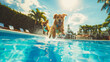 Labrador dog running jumping and swimming in the pool at hot summer day. Summer vacation. funny golden labrador retriever puppy in swimming pool play with fun - jumping and swimming.