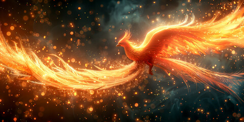 Wall Mural - Illustration of a phoenix in fire. Symbol of rebirth. Fenix with burning wings and feathers. Firebird on black bokeh light background
