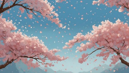 Illustration of a blue sky and falling cherry blossom petals. AI generated