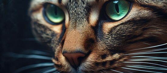 Poster - An upclose view of a Felidaes face, with striking green eyes and whiskers. This small to mediumsized carnivore is a terrestrial animal with a snout, fur, and belongs to the wildlife family