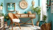 Seaside Inspired Home Workstation Featuring Coastal Rattan Desk and Vibrant Nautical Botanical Accents