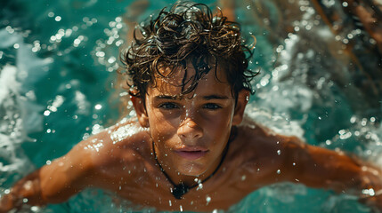 Close-up of a young man swimming in clear water, with water droplets on his face and sunlight reflecting off the surface.