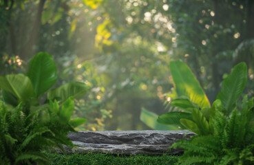 Wall Mural - Stone tabletop podium floor in outdoors tropical garden forest blurred green leaf plant nature background.Natural product placement pedestal stand display,jungle paradise concept.