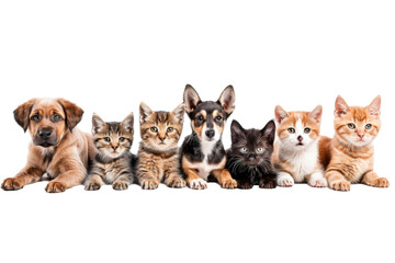 Sticker - Group of Happy dogs and cats that looking at the camera together isolated on transparent background, Row of friendship between dog and cat, amazing friendliness of the pets.