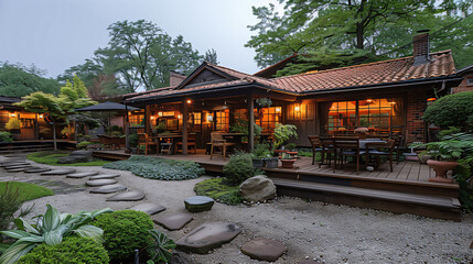Wall Mural - Cozy wooden cabin with illuminated interior at dusk, surrounded by lush garden and stone pathway.