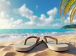 Flip flops on the beach. Beach Summer Travel background/wallpaper with space for text. 3D Rendering Illustration Design.