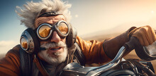 old grey beard and hair man on motorcycle wearing googles and leathers, steampunk, dystopian