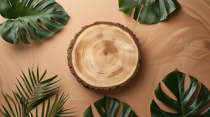 Canvas Print - Wooden slice mockup on brown background with dry monstera leaves