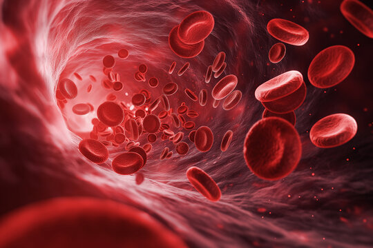 Bloodstream journey with red blood cells. Digital visualization of red blood cells flowing through an artery