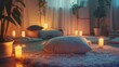Write a scene in a minimalist, pastel-toned bedroom where the protagonist unwinds with a calming meditation session, surrounded by softly lit candles and plush cushions
