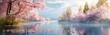 A painting depicting a lake adorned with an abundance of pink flowers, creating a vibrant and colorful scene. The flowers bloom against the serene waters of the lake, adding a touch of beauty to the n
