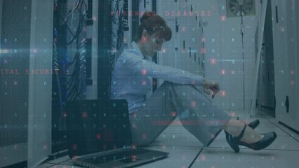 Poster - Animation of digital data processing over caucasian female it engineer by computer servers