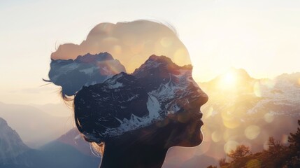 Poster - A close-up of a womans face with a backdrop of towering mountains in the distance, creating a striking contrast between the delicate features of the woman and the rugged terrain.
