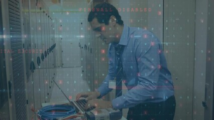 Poster - Animation of digital data processing over caucasian male it engineer with laptop by computer servers
