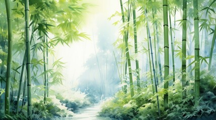 Aufkleber - Generative AI A serene bamboo forest with tall stalks and filtered sunlight. landscape watercolor