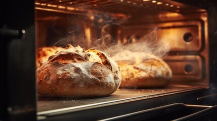 Poster - Generative AI Chef baking bread in a commercial oven, skilled baking process, kitchen ambiance with baking equipment visible