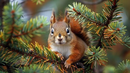 Poster - A squirrel is sitting on a tree branch. The tree is full of green leaves and the squirrel is looking at the camera