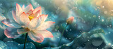 Fototapeta Kwiaty - Exotic abstract botanical illustration. Lotus flower in water. Natural background. Banner